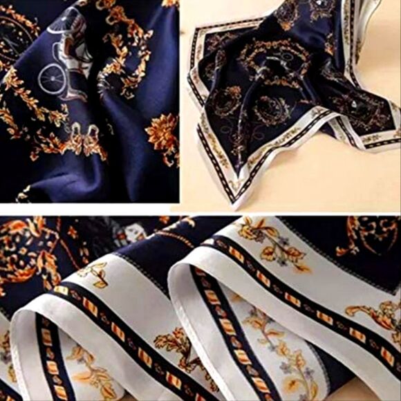 Scarf Headwraps for Women Silk Scarf Navy Satin Print 35 x 35 - Picture 7 of 12